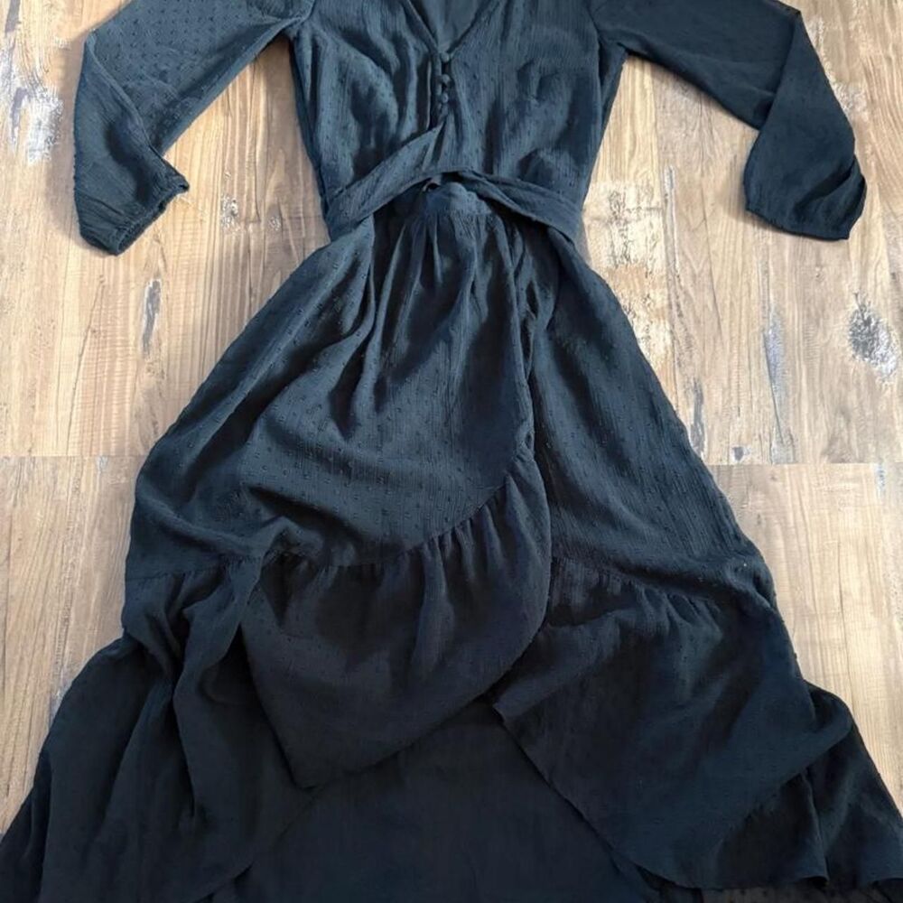 Abercrombie & Fitch Black Swiss Dot Ruffle Midi Wrap Dress - Size XS